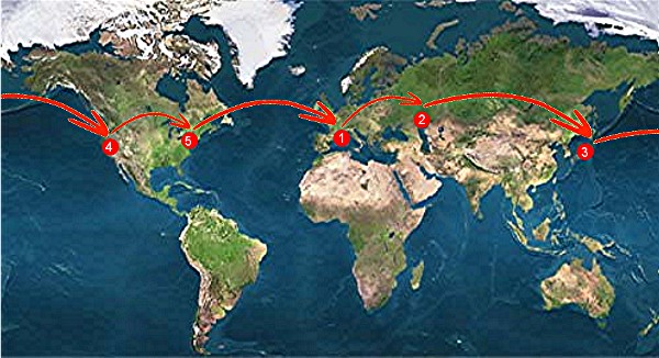 1 Marnaz France - 2  Nizhnekamsk Tatarstan Russia  - 3 Kanazawa Japan  - 4 Springfield, Oregon  USA  - 5 Dalkeith, Ontario  Canada 